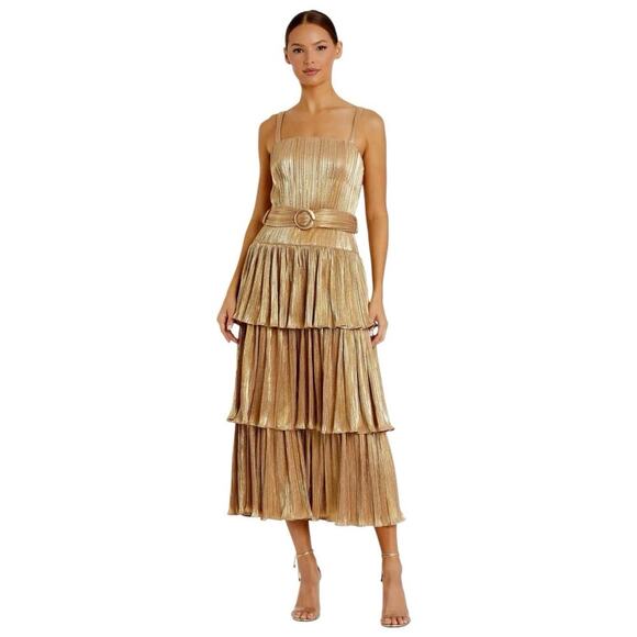 Mac Duggal Ieena 27062 Gold Ruffle Tiered Buckle Detail Dress Size 10 $398 - Picture 2 of 8